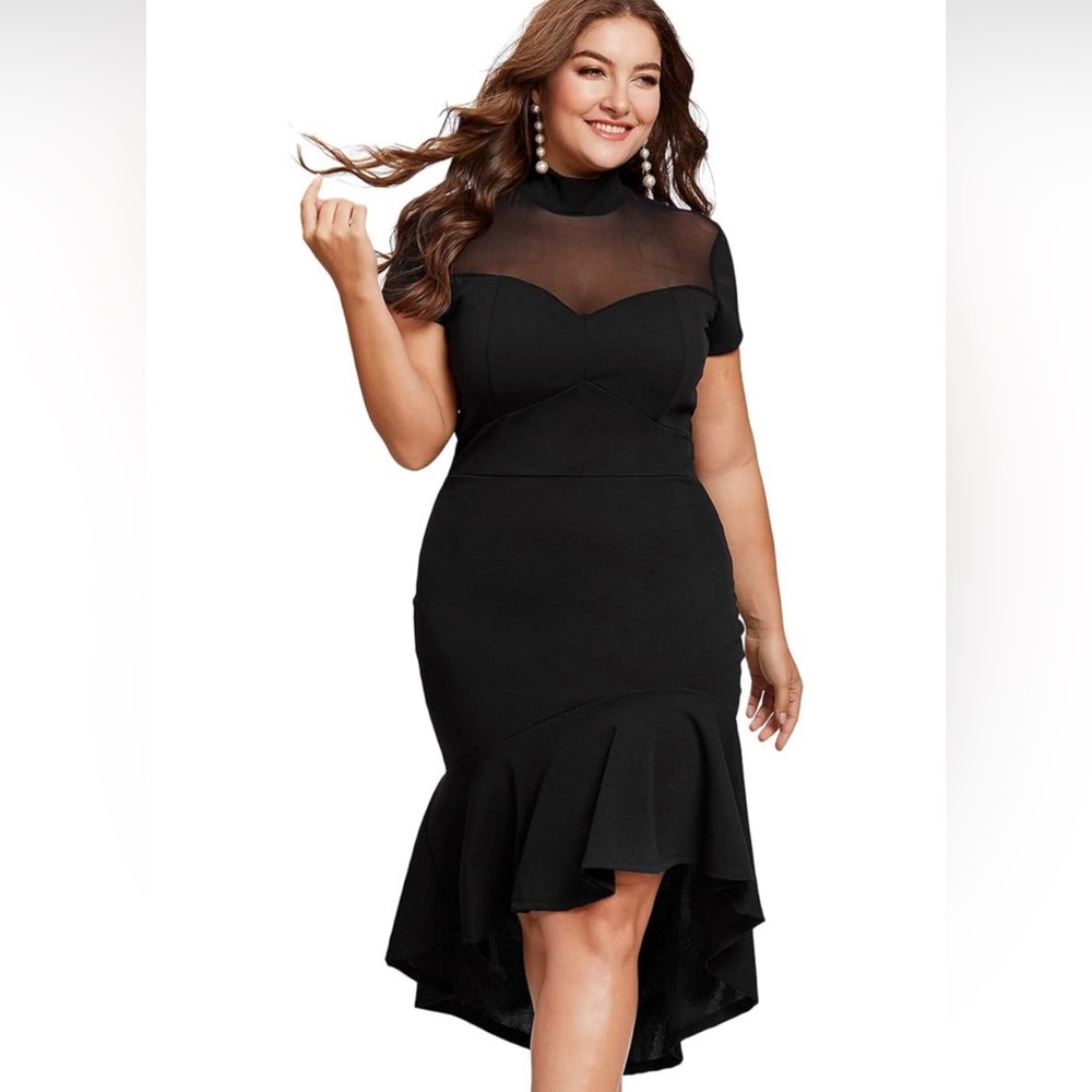 NWOT Elegant Mesh Frill Ruffle Round Neck Pencil Cocktail Dress